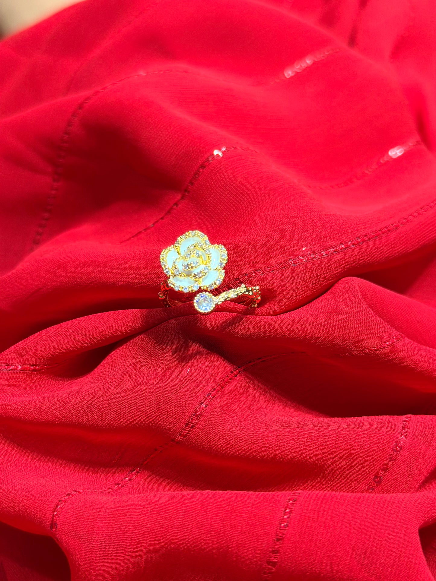 Black Camellia Flower With RhineStones Adjustable Gold plated Ring