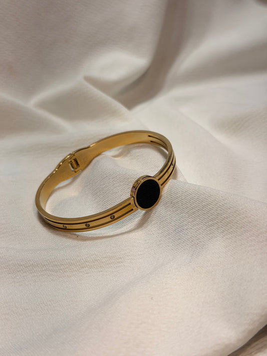 Small Crystal and Black inlay Gold-Plated AntiTarnish Stainless Steel Cuff Bracelet