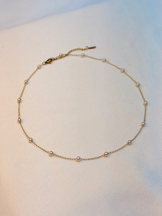 Delicate Pearl Stations 22k Gold Plated Stainless Steel Chain