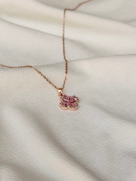 Pink Crystal Floral Rose gold Anti Tarnish Chain Pendant