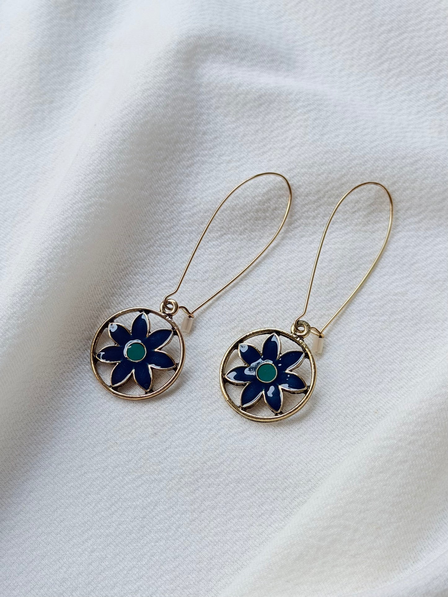 Antique Gold Floral Enamel Hook Long Earring